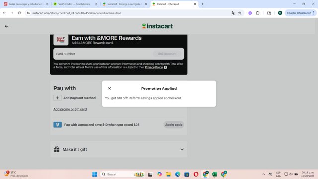Instacart checkout page showing Instacart promo code box | Screenshot taken by SimplyCodes community member on Aug 17, 2025