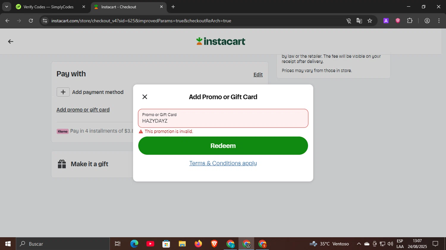 Instacart promo code screenshot showing code TFA50BD applied at Instacart checkout page. Uploaded by SimplyCodes community member underwater on Aug 24, 2025
