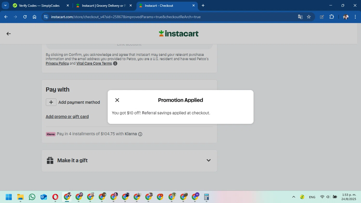 Instacart promo code screenshot showing code EBARRETT199B7 applied at Instacart checkout page. Uploaded by SimplyCodes community member DavidMGF on Aug 24, 2025