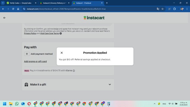 Instacart checkout page showing Instacart promo code box | Screenshot taken by SimplyCodes community member on Aug 24, 2025