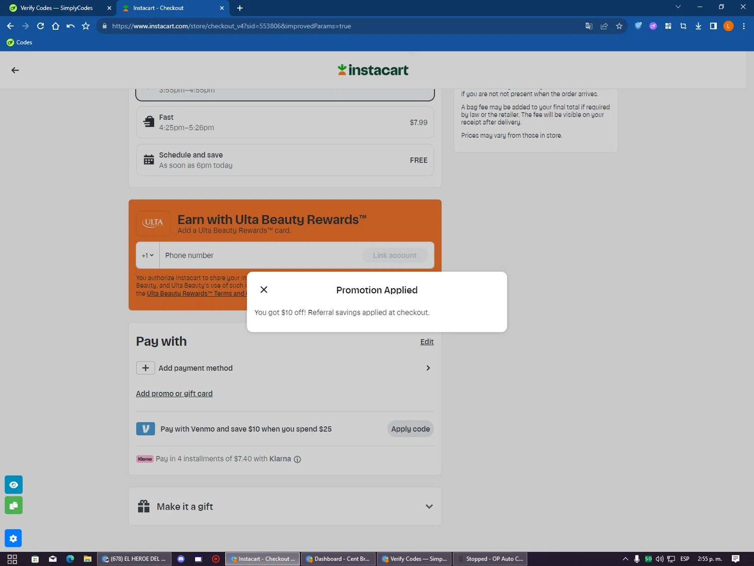 Instacart promo code screenshot showing code EBARRETT199B7 applied at Instacart checkout page. Uploaded by SimplyCodes community member VictoriousSentinel2155 on Aug 9, 2025