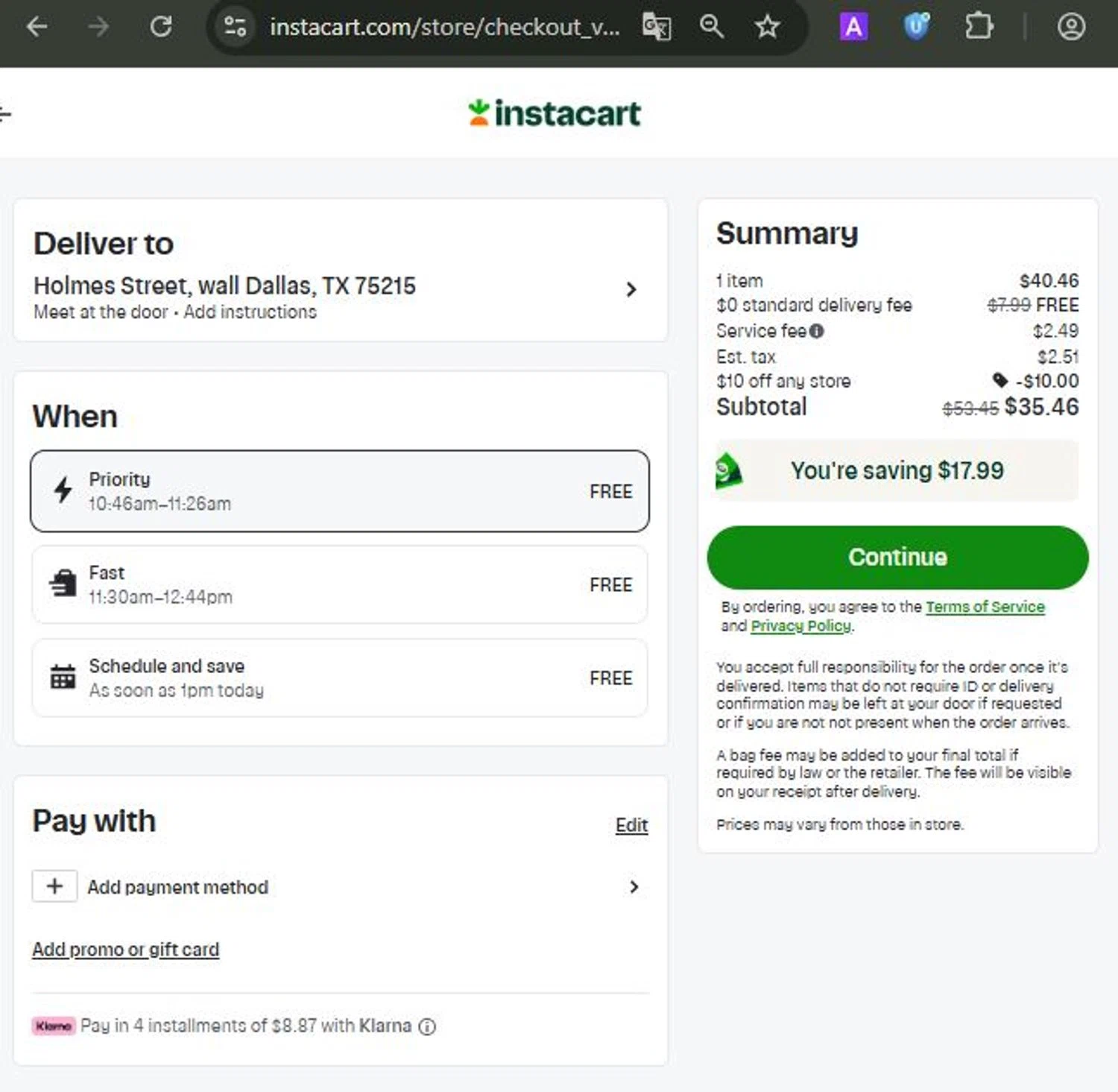 Instacart promo code screenshot showing code EBARRETT199B7 applied at Instacart checkout page. Uploaded by SimplyCodes community member messi10 on Aug 20, 2025