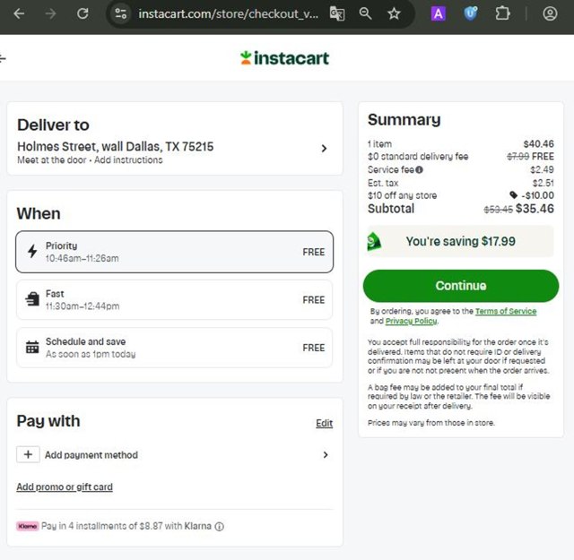 Instacart checkout page showing Instacart promo code box | Screenshot taken by SimplyCodes community member on Aug 20, 2025