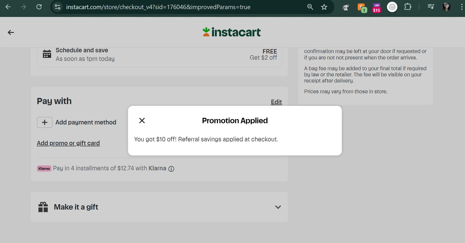 Instacart promo code screenshot showing code ESTODDARD191199 applied at Instacart checkout page. Uploaded by SimplyCodes community member MarUmi on Aug 29, 2025