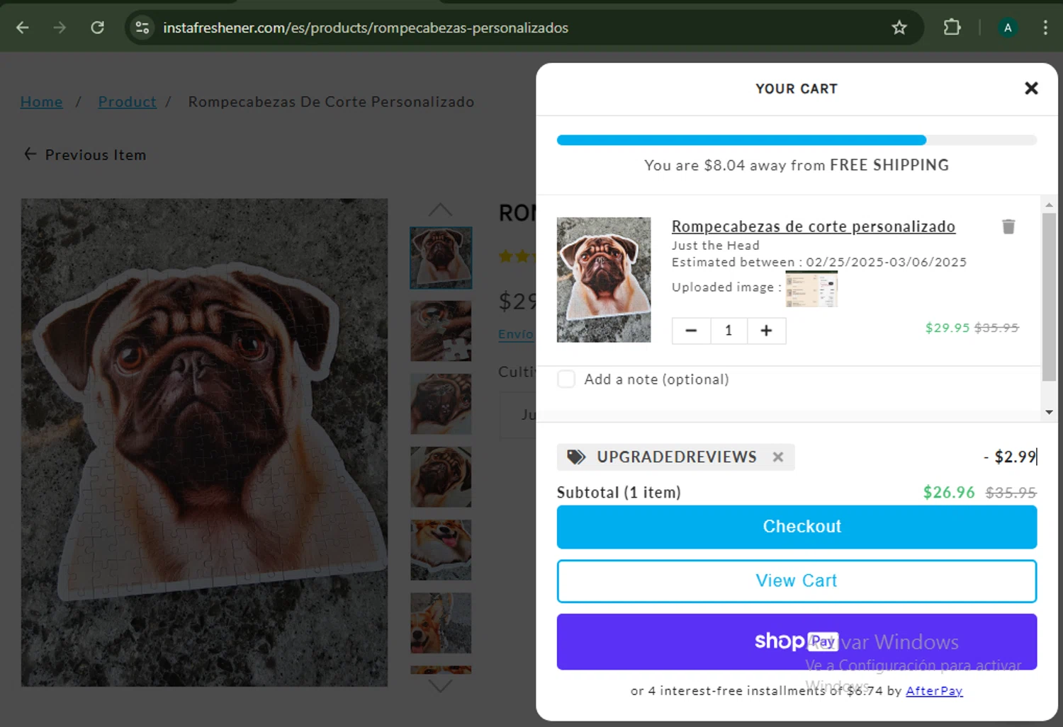 Instafreshener discount code screenshot showing code UPGRADEDREVIEWS applied at Instafreshener checkout page. Uploaded by SimplyCodes community member AlexSierra on Feb 10, 2025