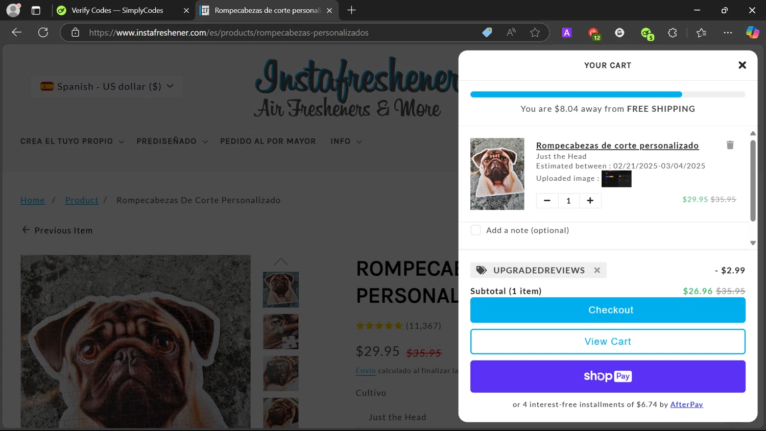 Instafreshener discount code screenshot showing code UPGRADEDREVIEWS applied at Instafreshener checkout page. Uploaded by SimplyCodes community member comidaparallevar on Feb 6, 2025