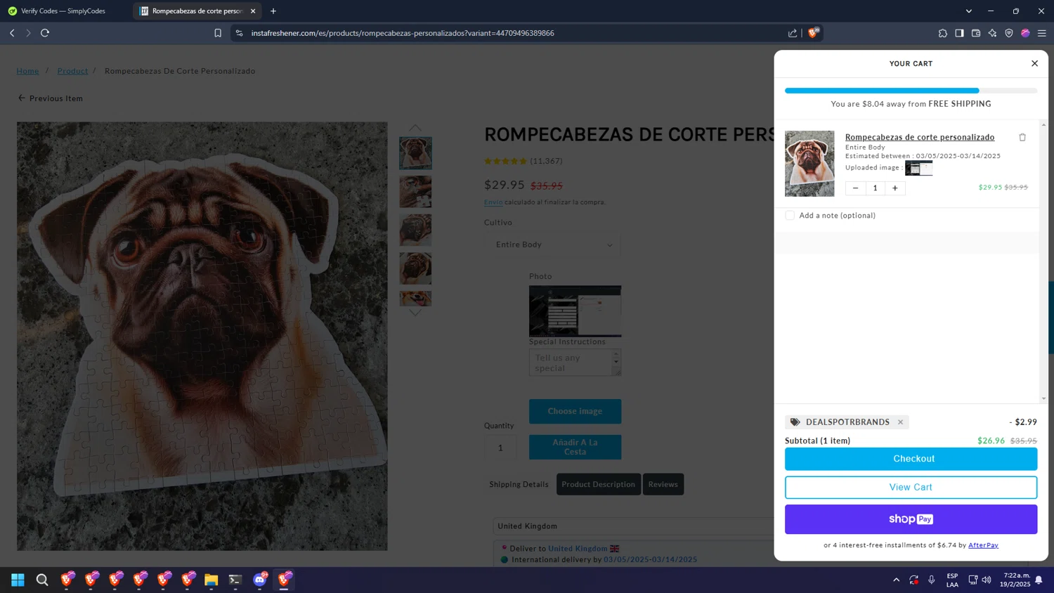 Instafreshener discount code screenshot showing code DEALSPOTRBRANDS applied at Instafreshener checkout page. Uploaded by SimplyCodes community member diosgreed2030 on Feb 19, 2025