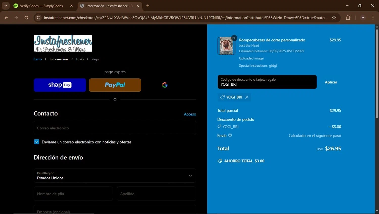 Instafreshener discount code screenshot showing code YOGI_BRI applied at Instafreshener checkout page. Uploaded by SimplyCodes community member Carrillojose on Apr 17, 2025