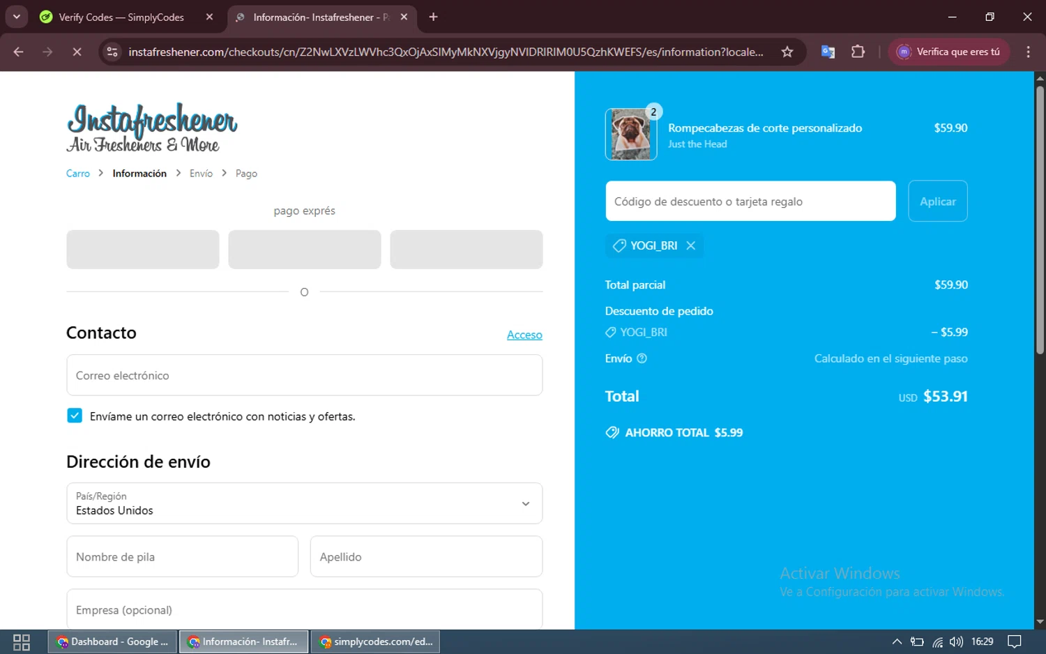 Instafreshener discount code screenshot showing code YOGI_BRI applied at Instafreshener checkout page. Uploaded by SimplyCodes community member WiseCurator3690 on Apr 17, 2025