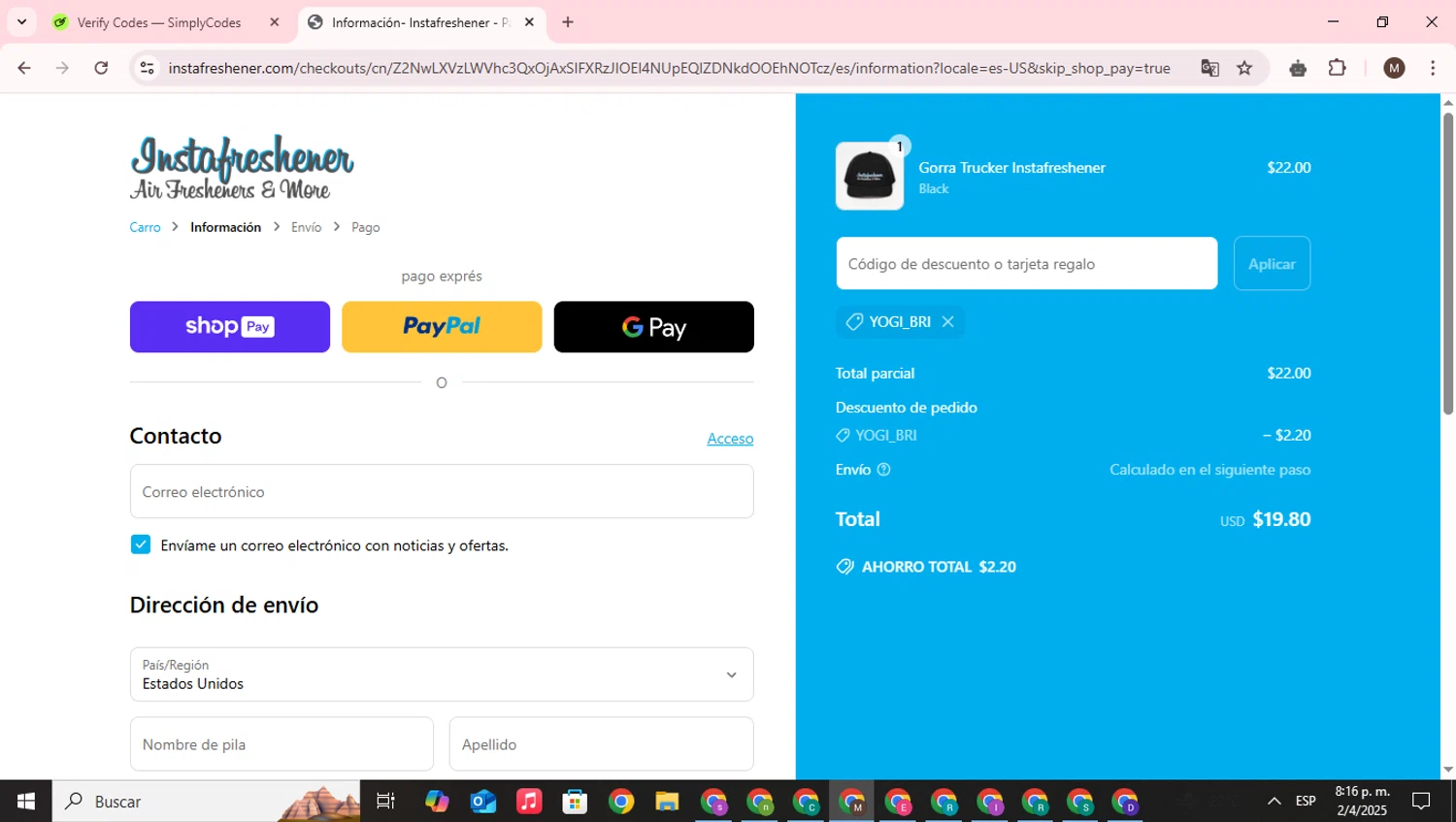Instafreshener discount code screenshot showing code YOGI_BRI applied at Instafreshener checkout page. Uploaded by SimplyCodes community member WonderWizard9060 on Apr 3, 2025