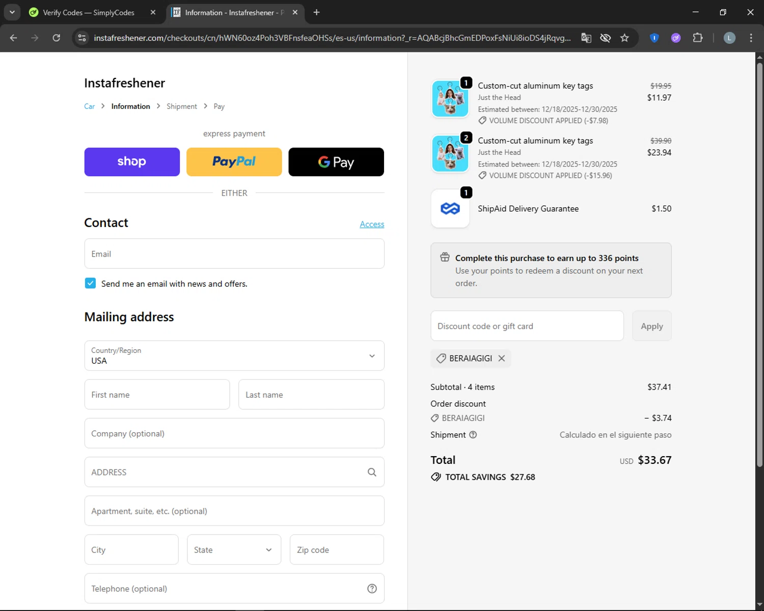 Instafreshener discount code screenshot showing code BERAIAGIGI applied at Instafreshener checkout page. Uploaded by SimplyCodes community member CashTracker4266 on Dec 3, 2025