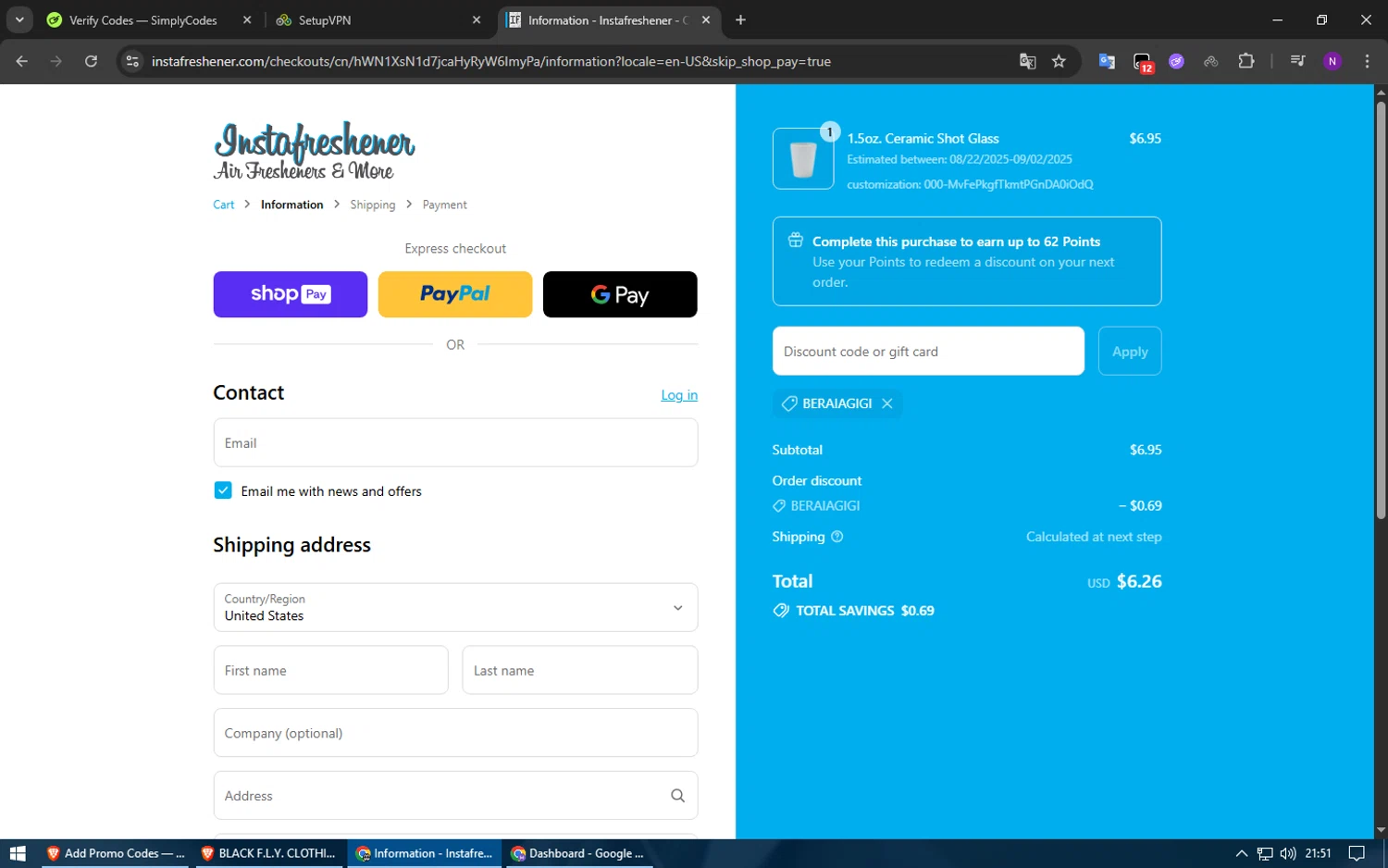 Instafreshener discount code screenshot showing code BERAIAGIGI applied at Instafreshener checkout page. Uploaded by SimplyCodes community member usuario500 on Aug 8, 2025