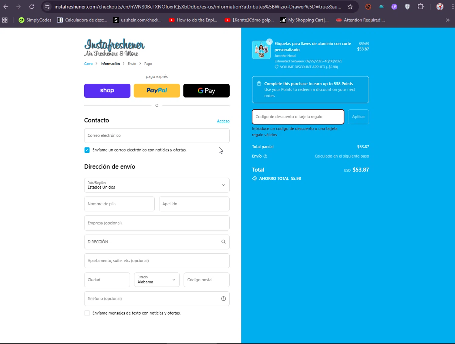 Instafreshener discount code screenshot showing code NICKLARRALDE applied at Instafreshener checkout page. Uploaded by SimplyCodes community member ElIntrepidoVolador on Sep 15, 2025