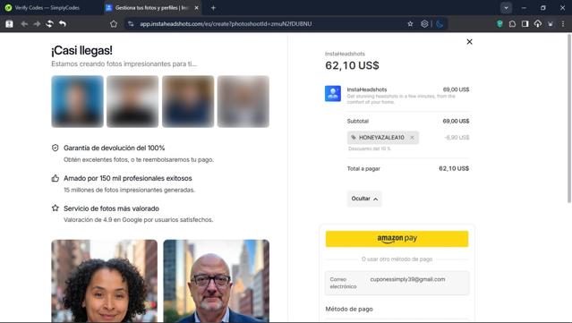 InstaHeadshots checkout page showing InstaHeadshots promo code box | Screenshot taken by SimplyCodes community member on Apr 16, 2025