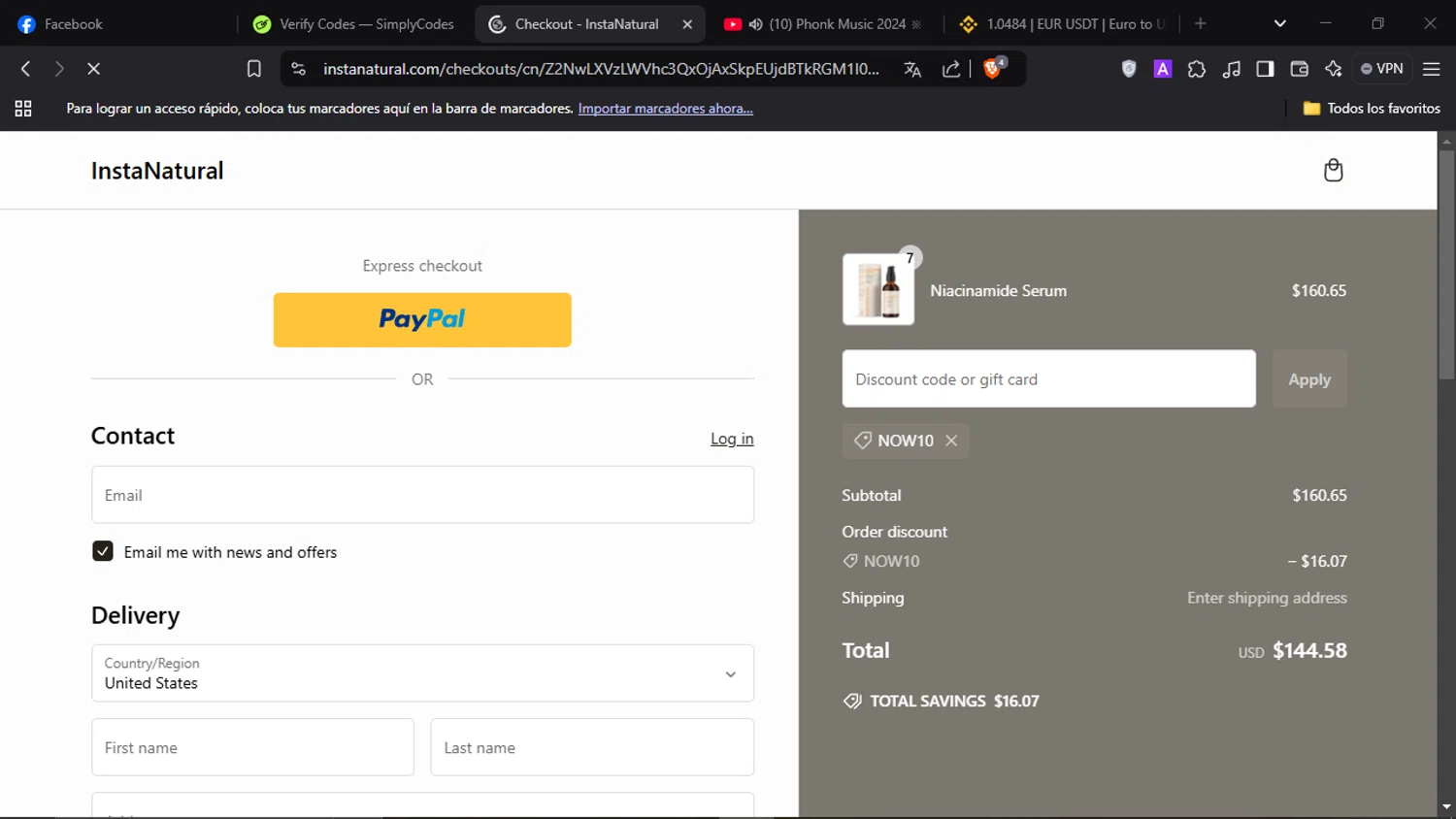 Insta Natural promo code screenshot showing code NOW10 applied at Insta Natural checkout page. Uploaded by SimplyCodes community member Gyutaro on Jan 25, 2025