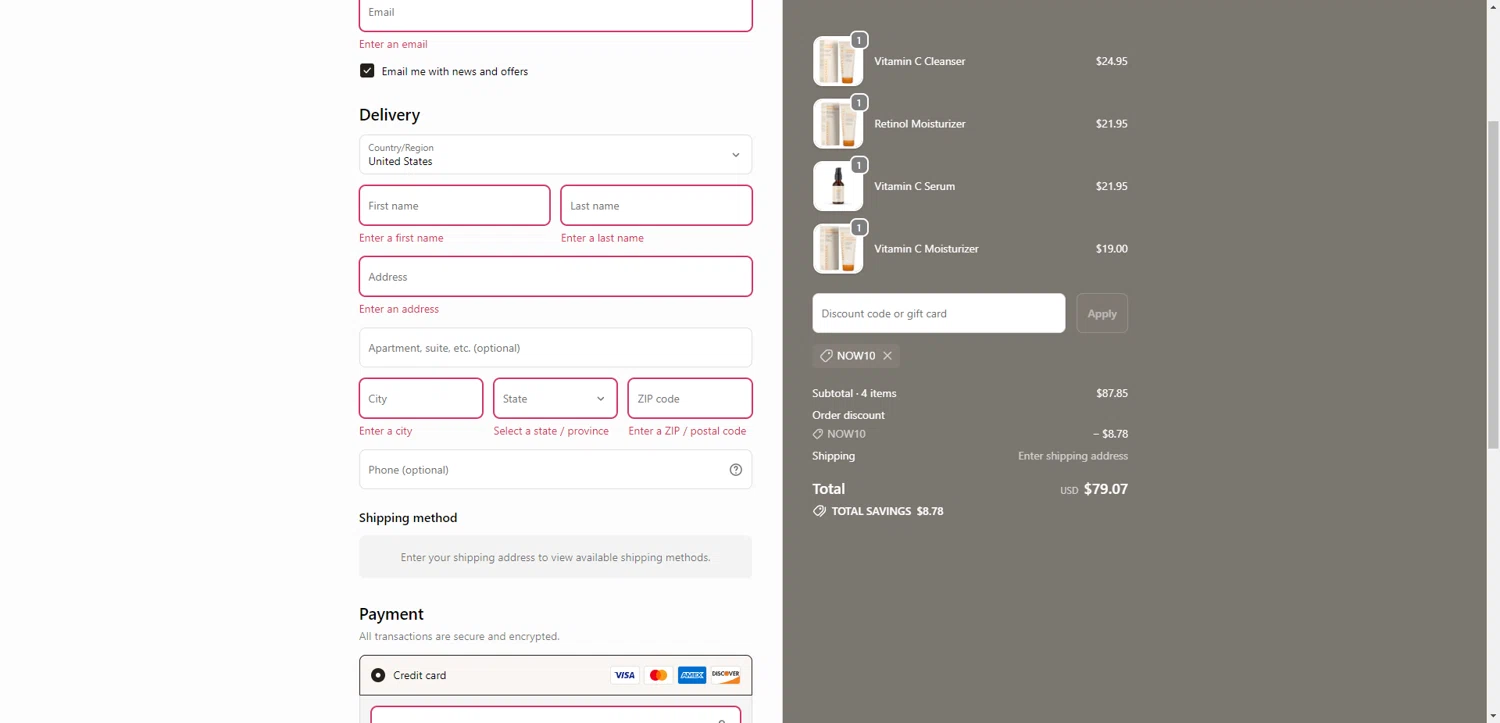 Insta Natural promo code screenshot showing code NOW10 applied at Insta Natural checkout page. Uploaded by SimplyCodes community member NobleMaestro6498 on Oct 10, 2025
