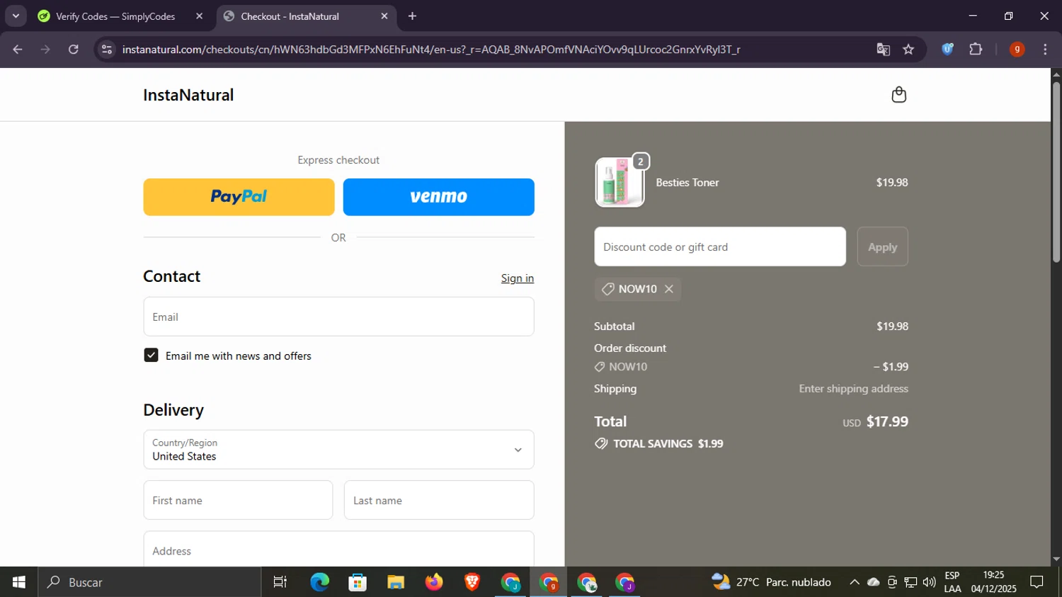 Insta Natural promo code screenshot showing code NOW10 applied at Insta Natural checkout page. Uploaded by SimplyCodes community member Scottcawthon on Dec 4, 2025