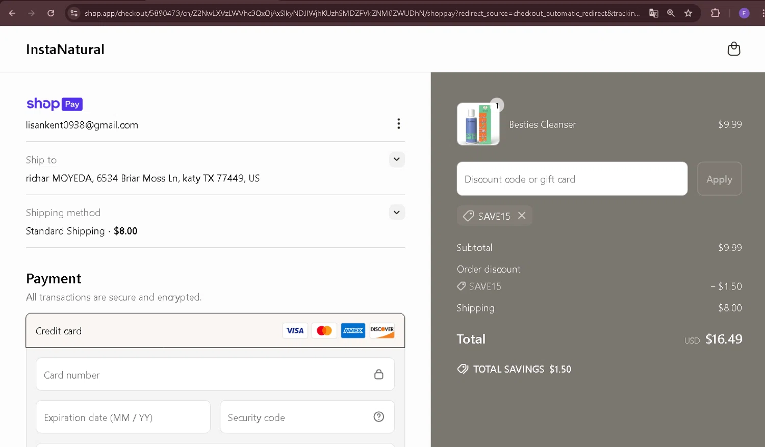 Insta Natural promo code screenshot showing code SAVE15 applied at Insta Natural checkout page. Uploaded by SimplyCodes community member Richard2 on Jun 18, 2025