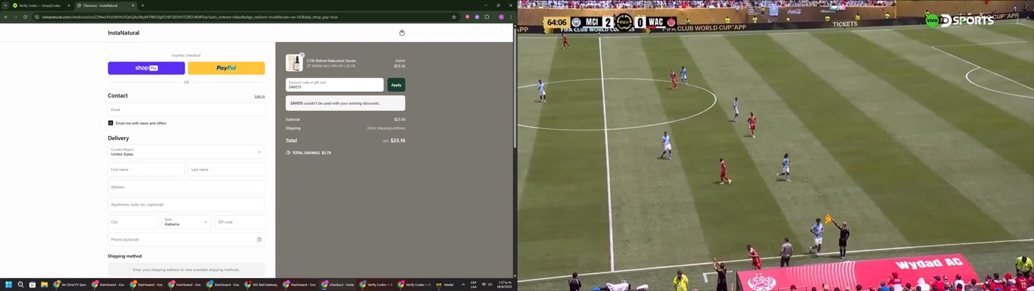 Insta Natural promo code screenshot showing code SAVE15 applied at Insta Natural checkout page. Uploaded by SimplyCodes community member RoyalSentinel4577 on Jun 18, 2025