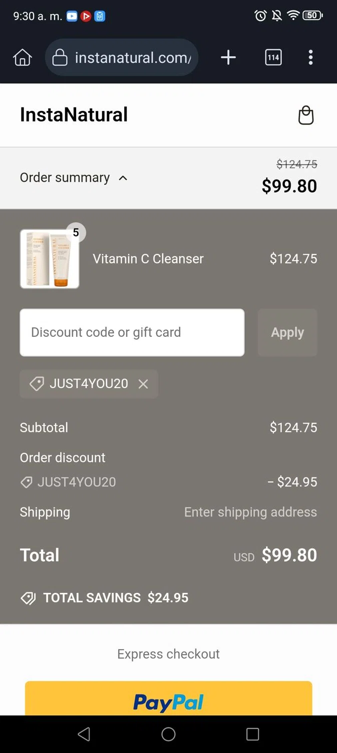 Insta Natural promo code screenshot showing code JUST4YOU20 applied at Insta Natural checkout page. Uploaded by SimplyCodes community member PromoScholar5313 on Jan 20, 2025