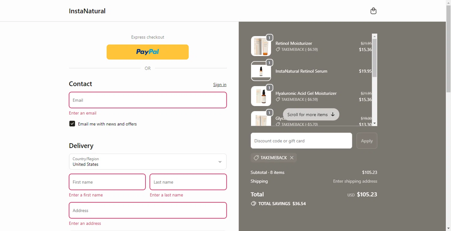Insta Natural promo code screenshot showing code takemeback applied at Insta Natural checkout page. Uploaded by SimplyCodes community member BonusFox1297 on Dec 4, 2025