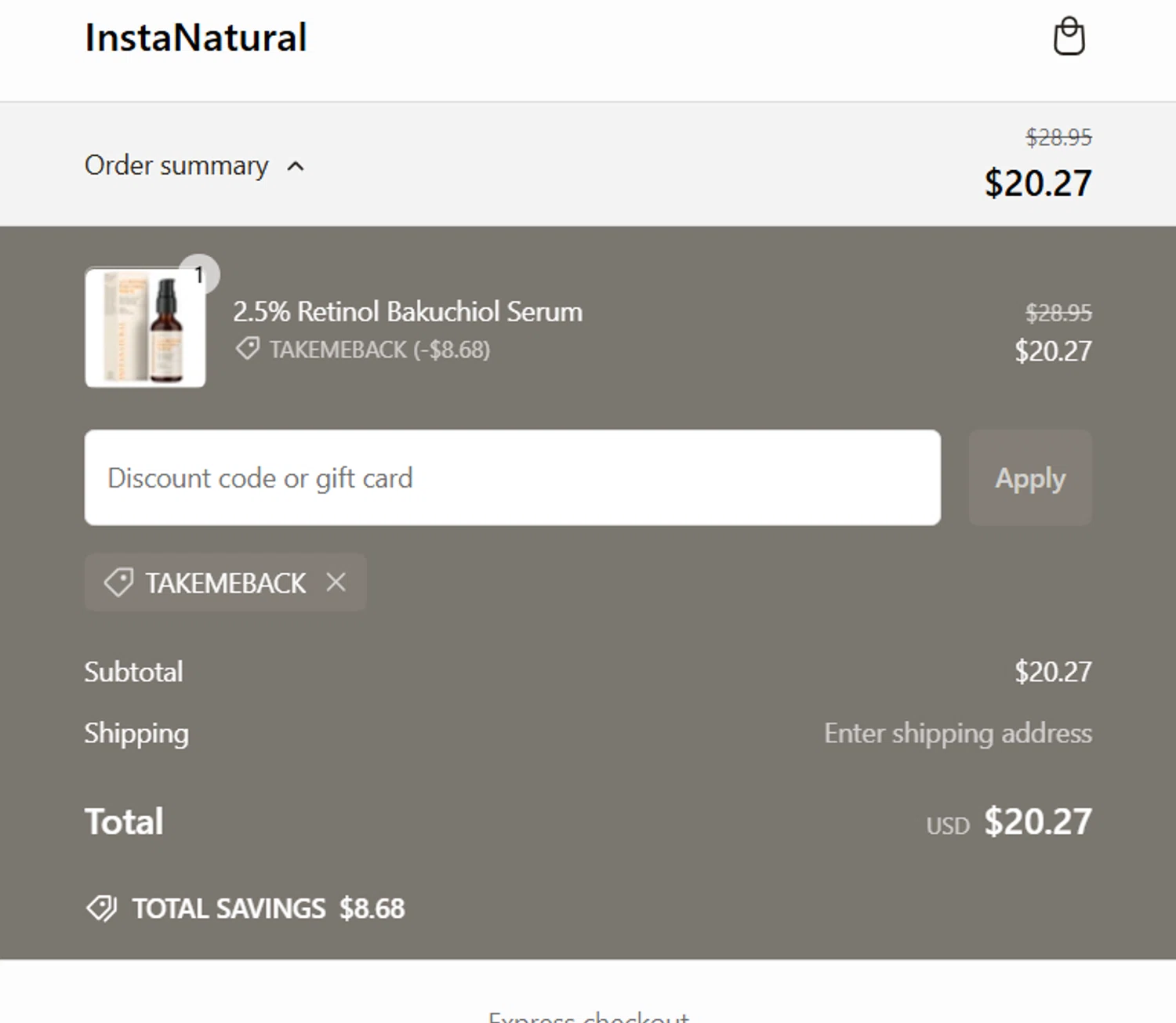 Insta Natural promo code screenshot showing code takemeback applied at Insta Natural checkout page. Uploaded by SimplyCodes community member Sanemi on Jan 28, 2025
