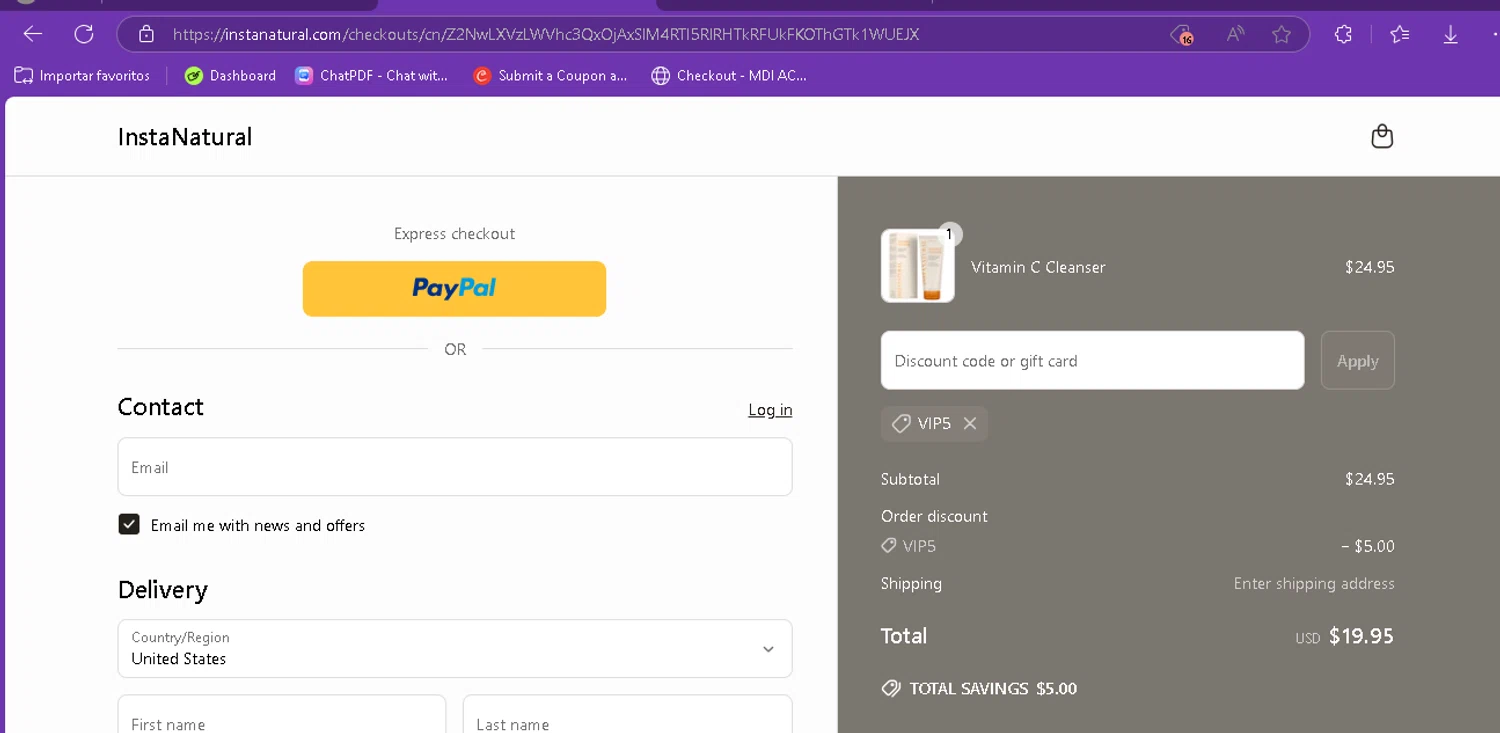 Insta Natural promo code screenshot showing code VIP5 applied at Insta Natural checkout page. Uploaded by SimplyCodes community member FredoGodofredo on Apr 20, 2025