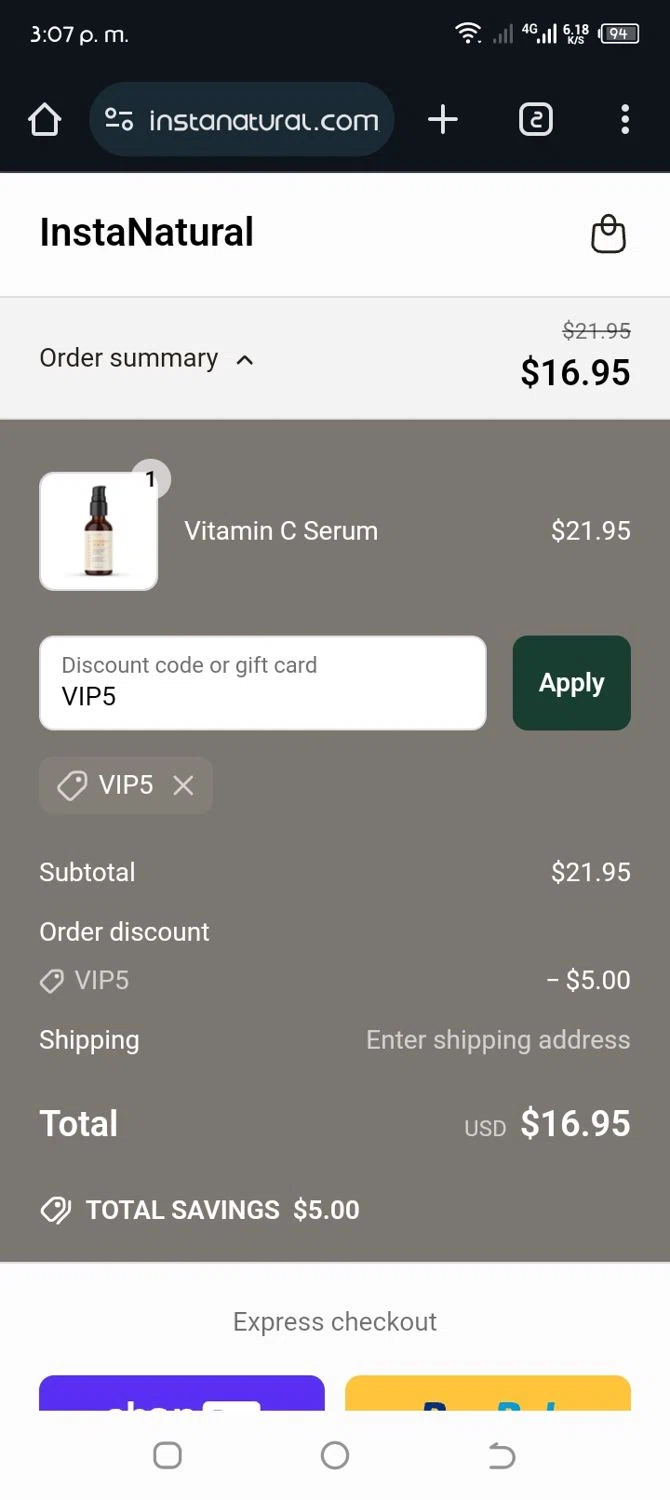 Insta Natural promo code screenshot showing code VIP5 applied at Insta Natural checkout page. Uploaded by SimplyCodes community member CleverWhiz2265 on May 3, 2025