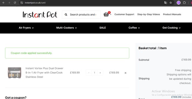 Instant Brands checkout page showing Instant Brands discount code box | Screenshot taken by SimplyCodes community member on Dec 20, 2024