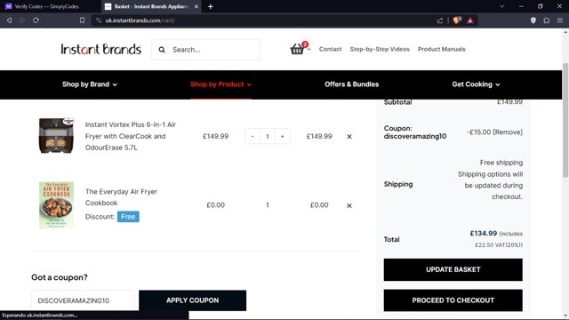 Instant Brands checkout page showing Instant Brands discount code box | Screenshot taken by SimplyCodes community member on Jan 5, 2024