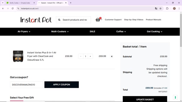 Instant Brands checkout page showing Instant Brands discount code box | Screenshot taken by SimplyCodes community member on Dec 26, 2024