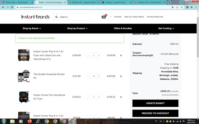 Instant Brands checkout page showing Instant Brands discount code box | Screenshot taken by SimplyCodes community member on Oct 10, 2023