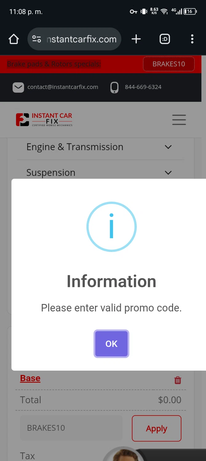 Instant Car Fix promo code screenshot showing code BRAKES10 applied at Instant Car Fix checkout page. Uploaded by SimplyCodes community member Ryan_Garcia on Jul 15, 2025