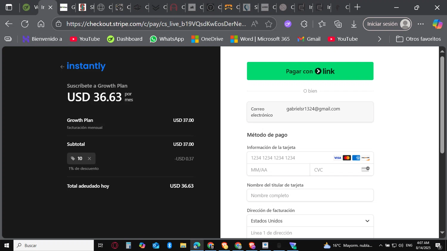 Instantly checkout page showing Instantly promo code box | Screenshot taken by SimplyCodes community member on Aug 14, 2025