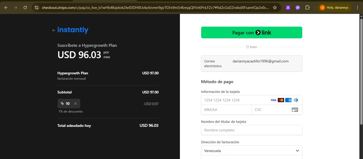 Instantly checkout page showing Instantly promo code box | Screenshot taken by SimplyCodes community member on Sep 2, 2025