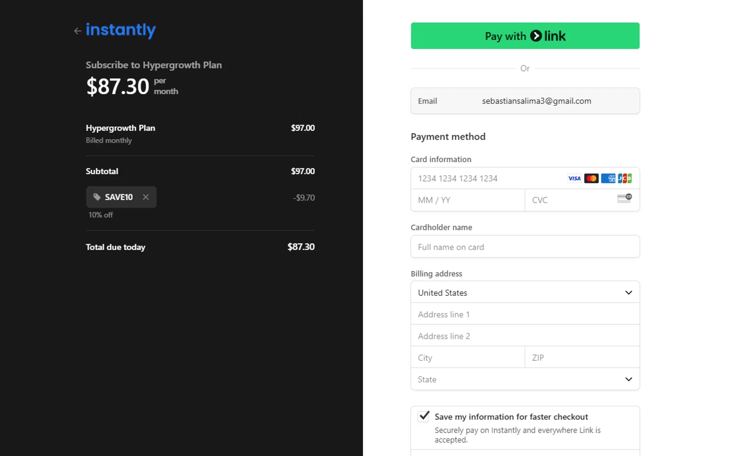Instantly checkout page showing Instantly promo code box | Screenshot taken by SimplyCodes community member on Aug 7, 2025