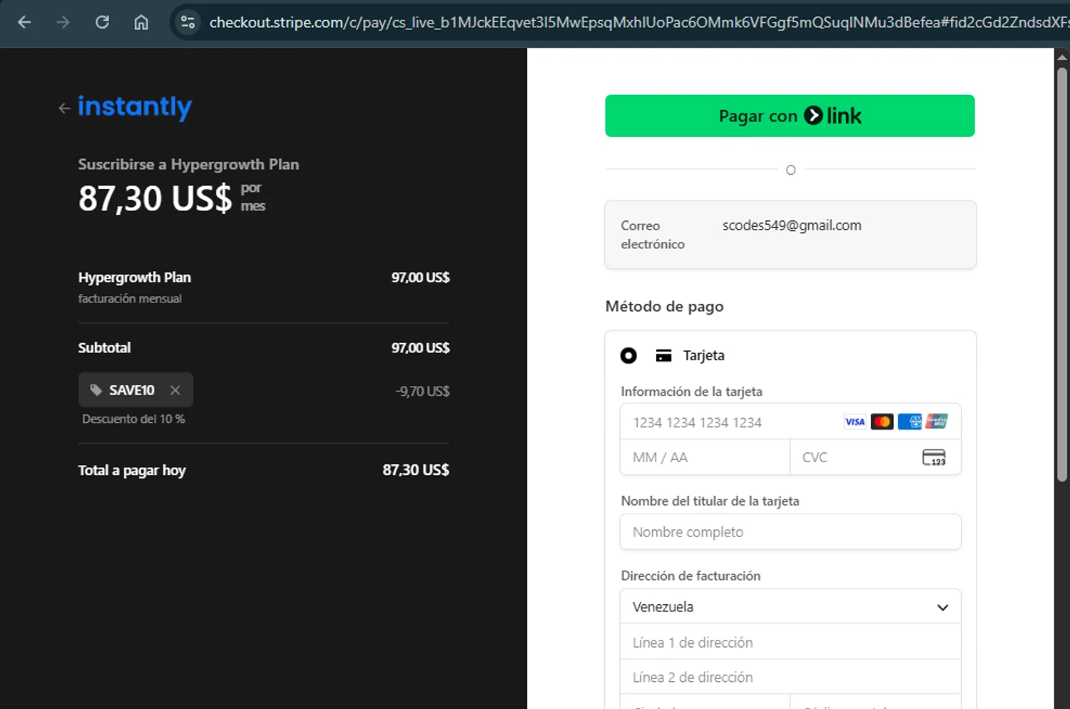 Instantly checkout page showing Instantly promo code box | Screenshot taken by SimplyCodes community member on Sep 4, 2025