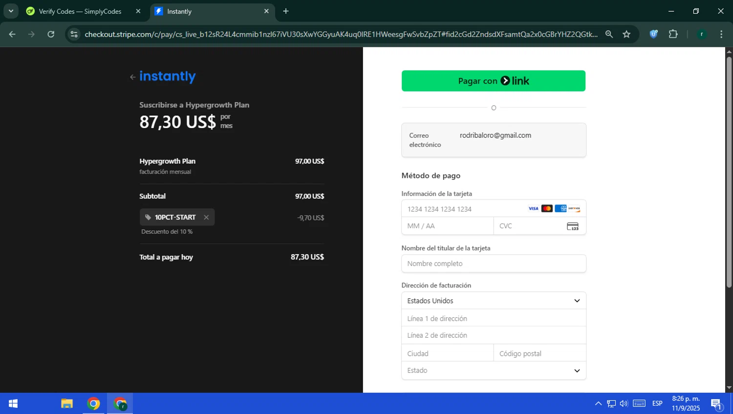 Instantly checkout page showing Instantly promo code box | Screenshot taken by SimplyCodes community member on Sep 12, 2025