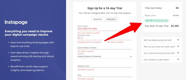 Instapage checkout page showing Instapage promo code box | Screenshot taken by SimplyCodes community member on Feb 17, 2023