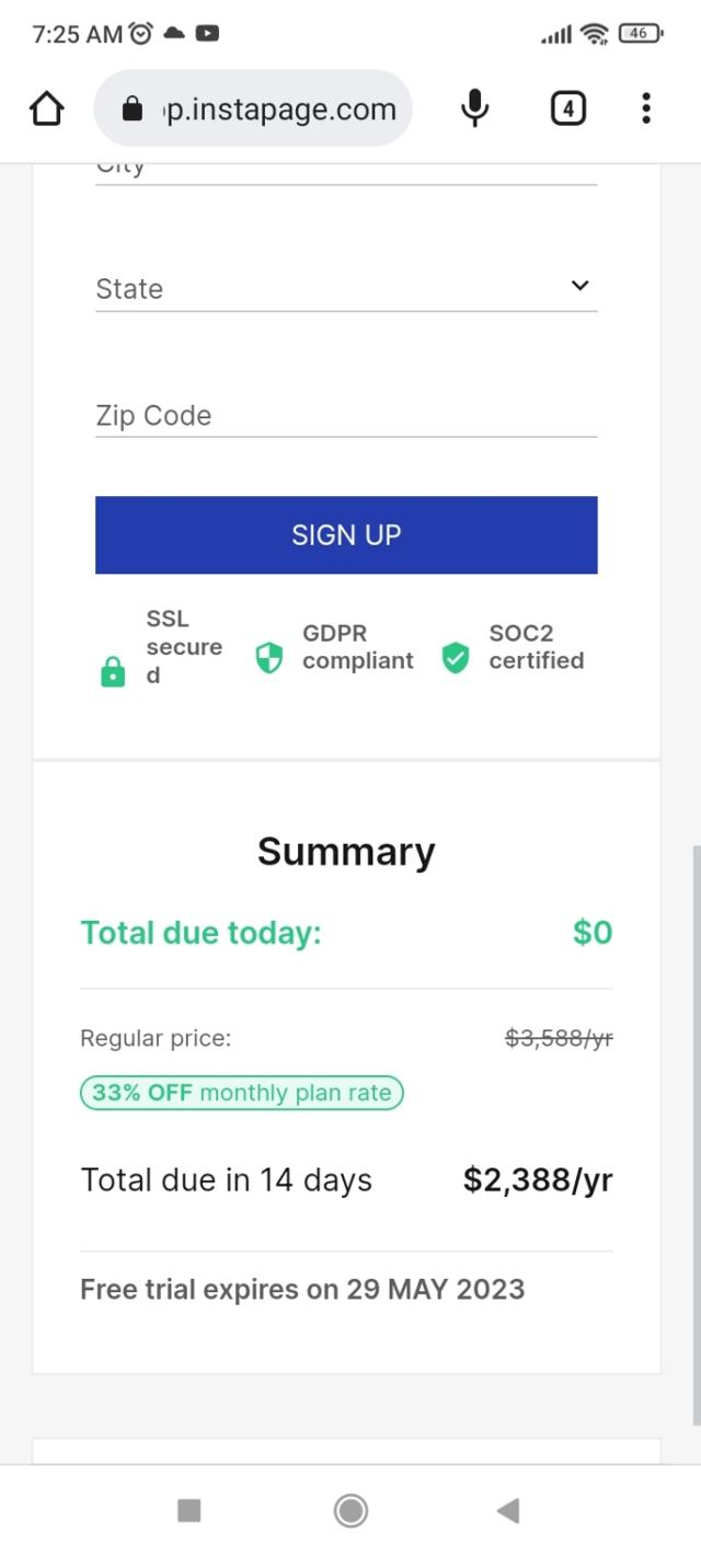 Instapage checkout page showing Instapage promo code box | Screenshot taken by SimplyCodes community member on May 15, 2023