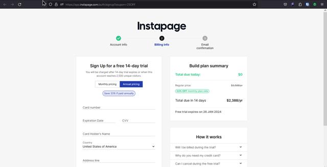 Instapage checkout page showing Instapage promo code box | Screenshot taken by SimplyCodes community member on Jan 12, 2024