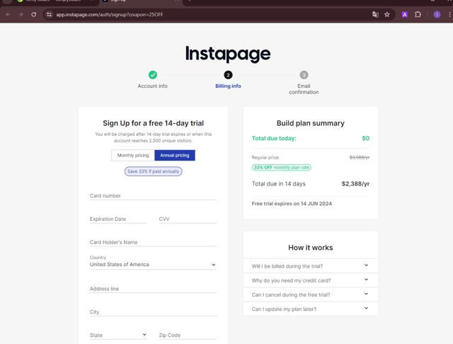 Instapage checkout page showing Instapage promo code box | Screenshot taken by SimplyCodes community member on May 31, 2024