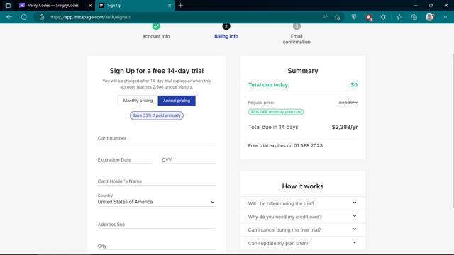 Instapage checkout page showing Instapage promo code box | Screenshot taken by SimplyCodes community member on Mar 18, 2023