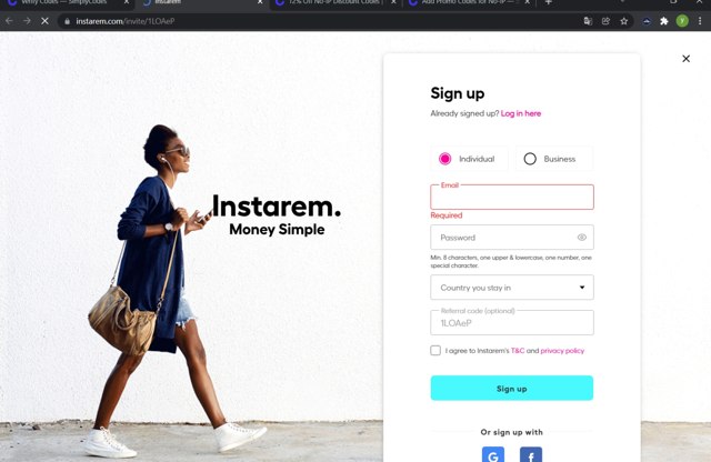 Instarem checkout page showing Instarem coupon code box | Screenshot taken by SimplyCodes community member on Feb 3, 2022