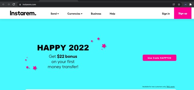 Instarem checkout page showing Instarem coupon code box | Screenshot taken by SimplyCodes community member on Feb 3, 2022