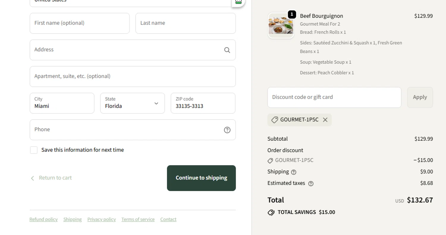 Instead of Flowers discount code screenshot showing code GOURMET-1P5C applied at Instead of Flowers checkout page. Uploaded by SimplyCodes community member 111111 on Dec 27, 2025