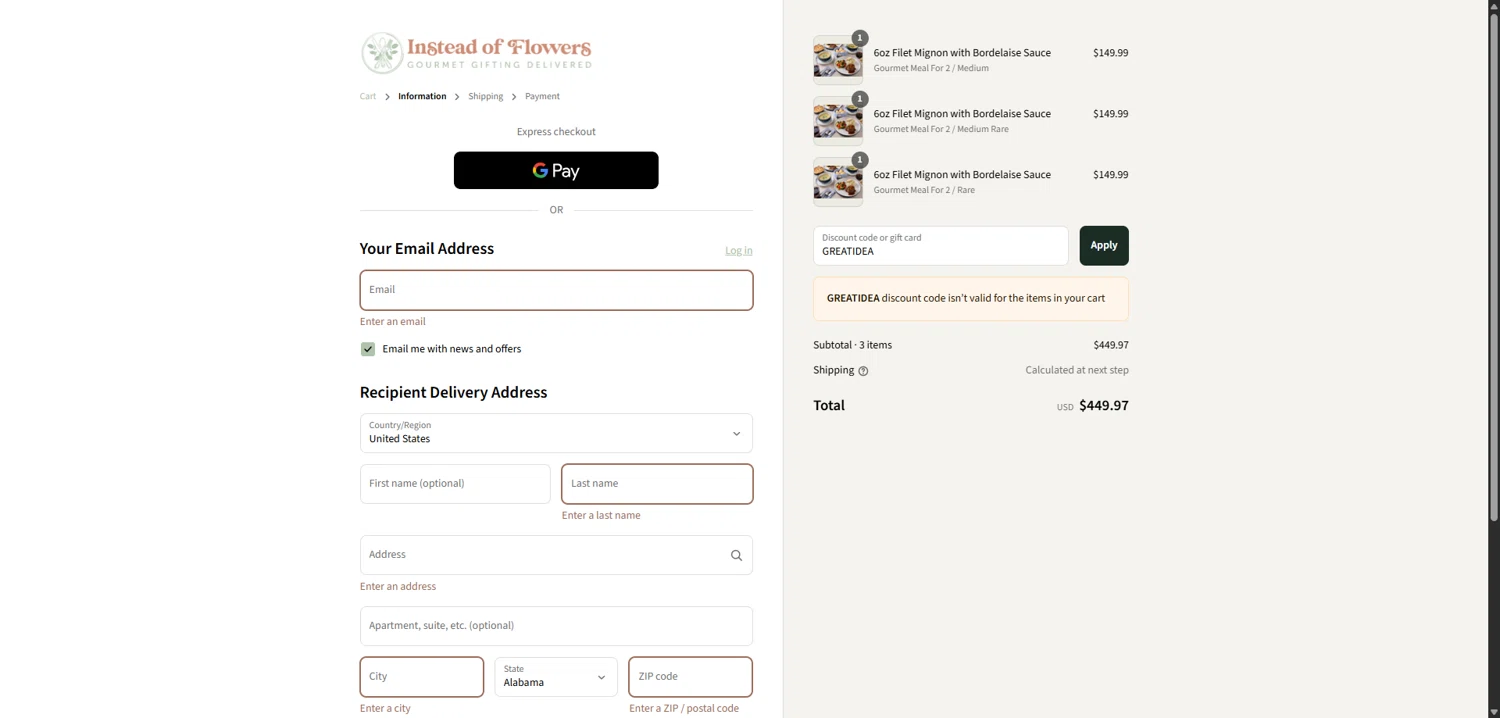 Instead of Flowers discount code screenshot showing code GREATIDEA applied at Instead of Flowers checkout page. Uploaded by SimplyCodes community member TreasureScholar8716 on Aug 31, 2025