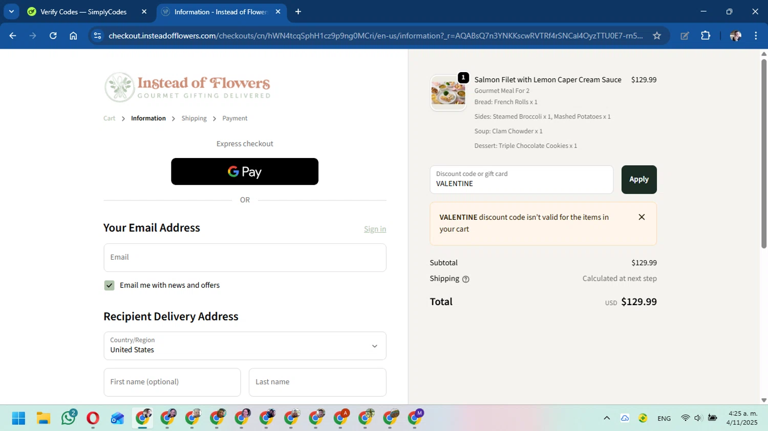 Instead of Flowers discount code screenshot showing code VALENTINE applied at Instead of Flowers checkout page. Uploaded by SimplyCodes community member DavidMGF on Nov 4, 2025