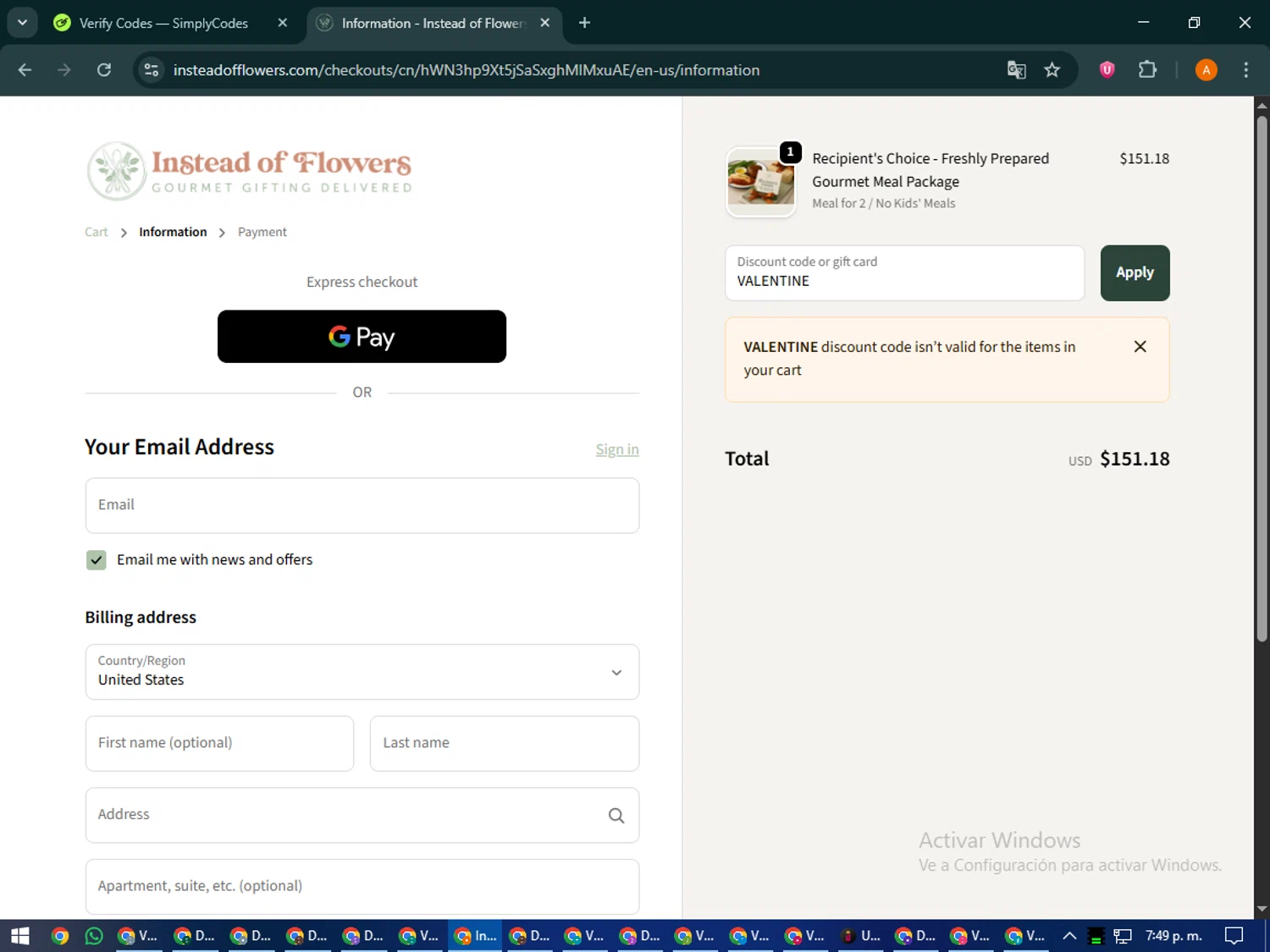 Instead of Flowers discount code screenshot showing code VALENTINE applied at Instead of Flowers checkout page. Uploaded by SimplyCodes community member MoneyPhoenix4664 on Oct 3, 2025