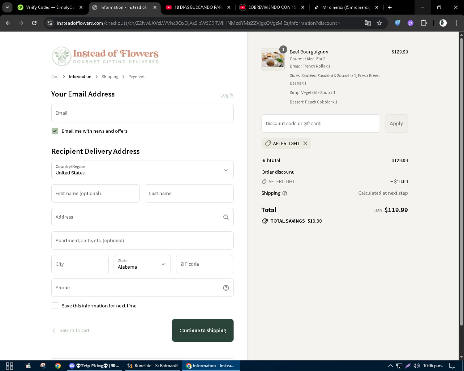 Instead of Flowers discount code screenshot showing code afterlight applied at Instead of Flowers checkout page. Uploaded by SimplyCodes community member CleverSentinel9441 on Jul 11, 2025